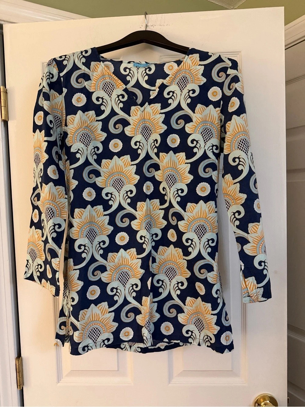 J.McLaughlin Floral Long Sleeve Tunic in Blue & Orange Size Medium